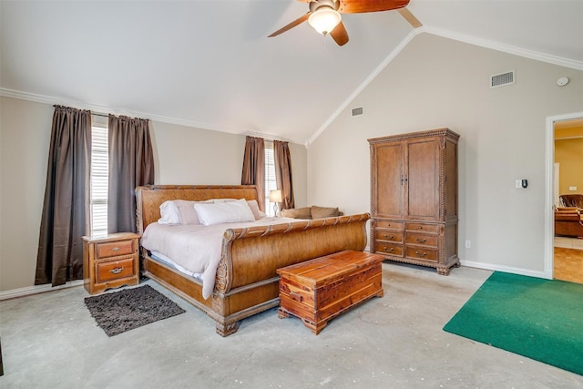 bedroom featuring visible vents, multiple windows, and unfinished concrete floors