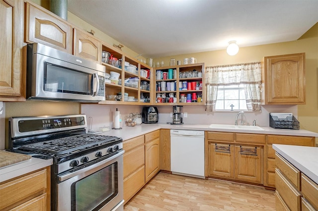 kitchen with a sink, open shelves, appliances with stainless steel finishes, and light countertops