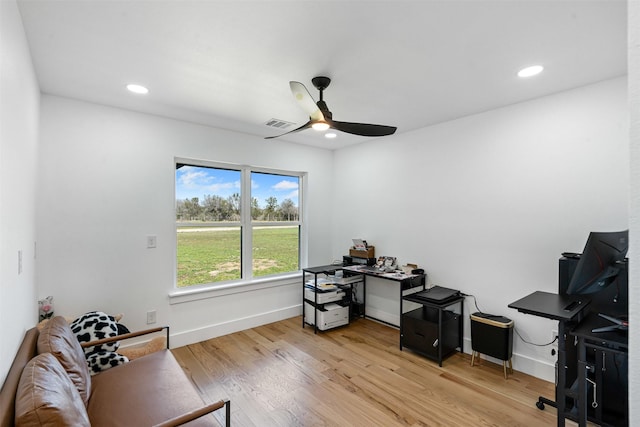 office area featuring visible vents, recessed lighting, wood finished floors, and baseboards