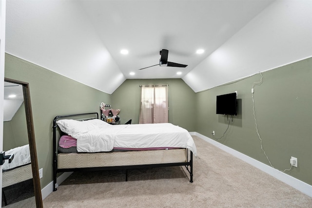 carpeted bedroom featuring recessed lighting, baseboards, ceiling fan, and vaulted ceiling