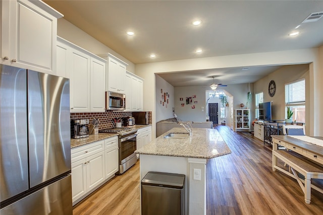 kitchen with ceiling fan, open floor plan, light wood-style flooring, appliances with stainless steel finishes, and a sink