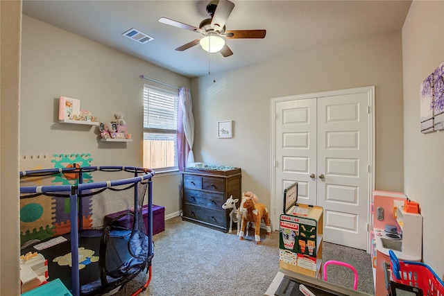 game room featuring visible vents, ceiling fan, and carpet floors