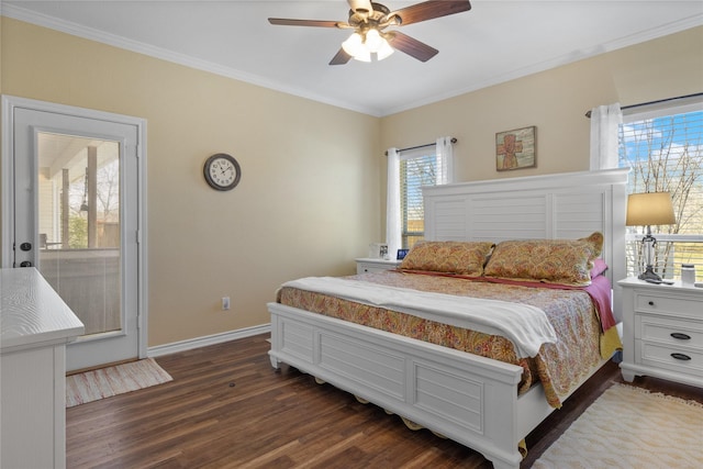 bedroom featuring baseboards, dark wood-type flooring, ceiling fan, and crown molding