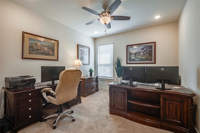 office area featuring recessed lighting, light colored carpet, and ceiling fan