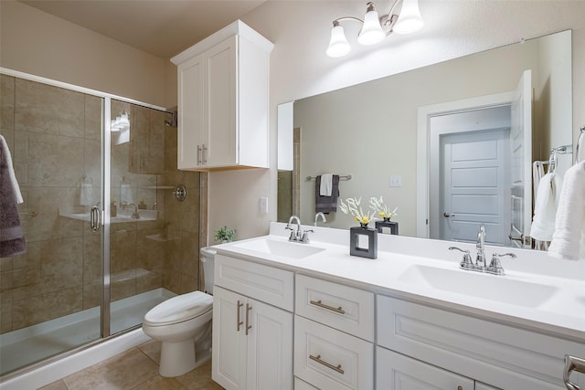 full bathroom with tile patterned floors, a stall shower, toilet, and a sink