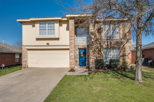 view of front of home featuring brick siding, concrete driveway, a front yard, central AC unit, and an attached garage