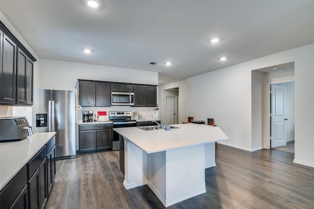 kitchen with visible vents, dark wood-type flooring, light countertops, stainless steel appliances, and a sink