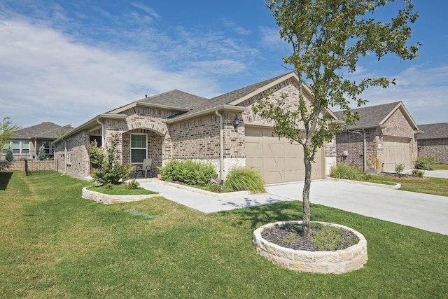 french country style house featuring roof with shingles, concrete driveway, a front yard, an attached garage, and brick siding