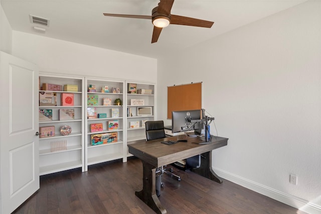 office with baseboards, dark wood-style floors, visible vents, and ceiling fan