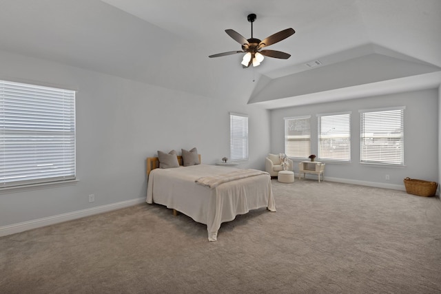 carpeted bedroom featuring visible vents, baseboards, ceiling fan, and vaulted ceiling