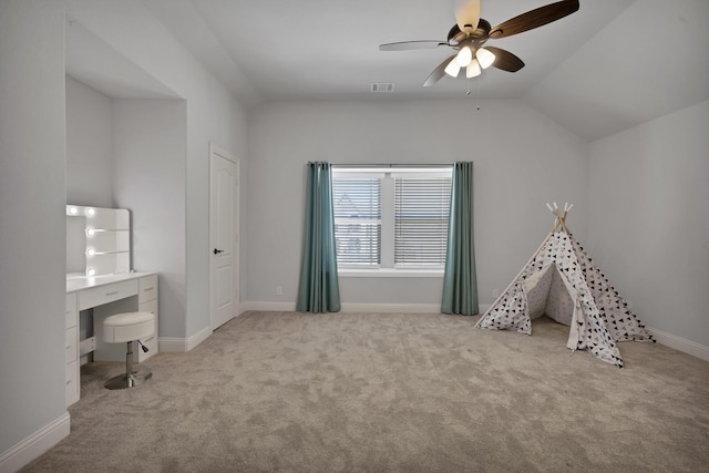 playroom with vaulted ceiling, carpet flooring, and baseboards