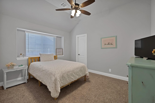 bedroom featuring a ceiling fan, baseboards, visible vents, carpet floors, and vaulted ceiling