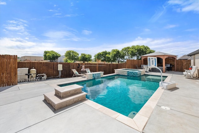 view of swimming pool featuring a gazebo, a patio, a pool with connected hot tub, and a fenced backyard