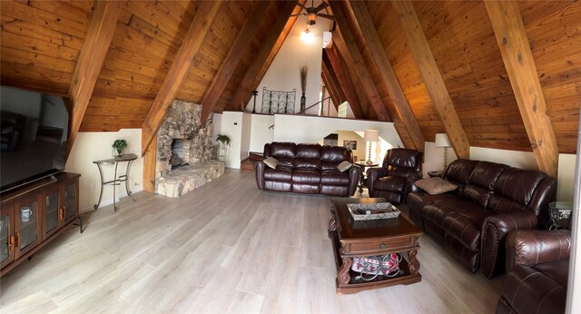 living area with high vaulted ceiling, wooden ceiling, beam ceiling, and wood finished floors