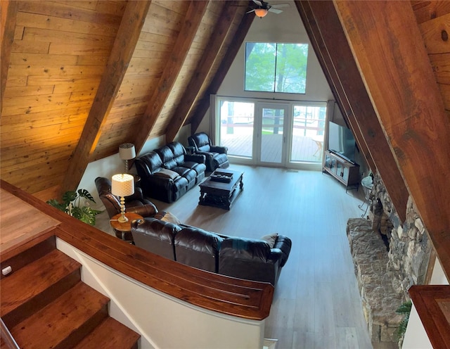 7045 Layman Dr, Eustace, TX 75124 - living area with wood finished floors, wooden ceiling, and ceiling fan