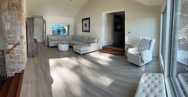 living room with vaulted ceiling and wood finished floors