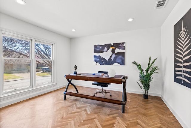 office with visible vents, recessed lighting, and baseboards