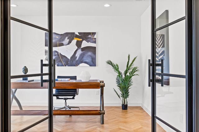 office area featuring recessed lighting, french doors, and baseboards