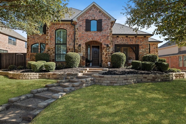 traditional home with brick siding, a front yard, and fence