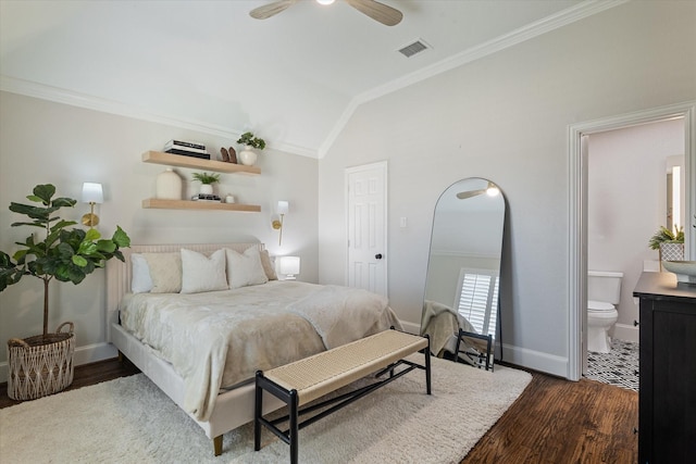 bedroom with dark wood-style floors and ornamental molding