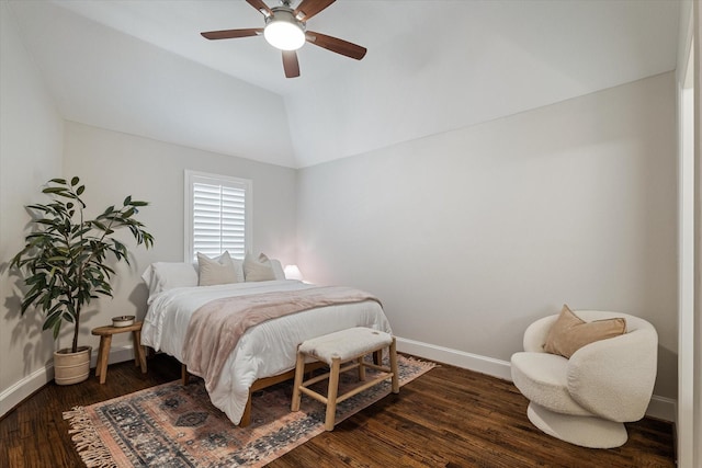 bedroom featuring vaulted ceiling, ceiling fan, baseboards, and wood finished floors