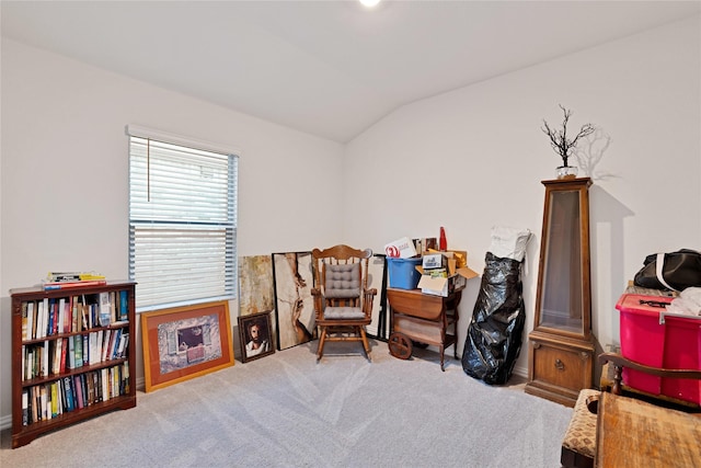 living area with lofted ceiling and carpet floors