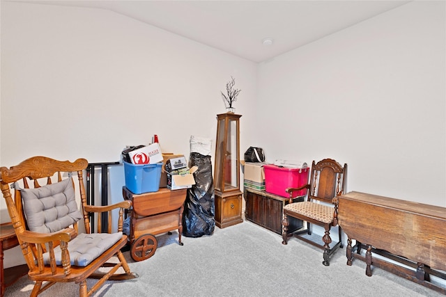 sitting room featuring lofted ceiling and carpet