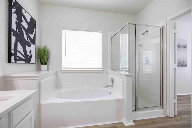 bathroom with a stall shower, vanity, and a bath