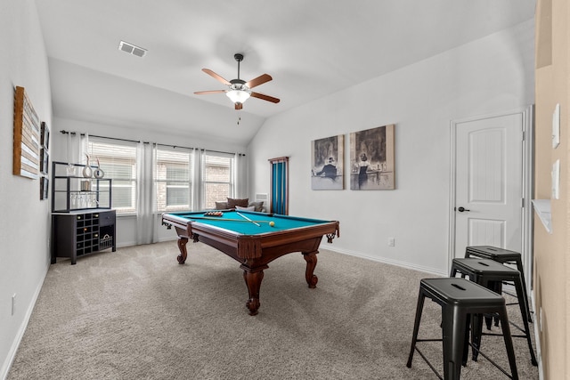 playroom with carpet flooring, baseboards, visible vents, and vaulted ceiling