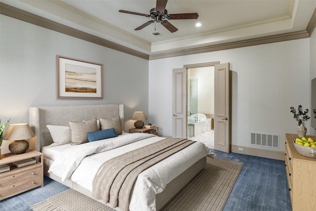 bedroom with visible vents, ceiling fan, carpet, and ornamental molding