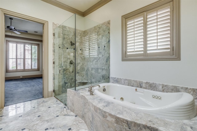 full bathroom with ceiling fan, a whirlpool tub, ornamental molding, and a shower stall