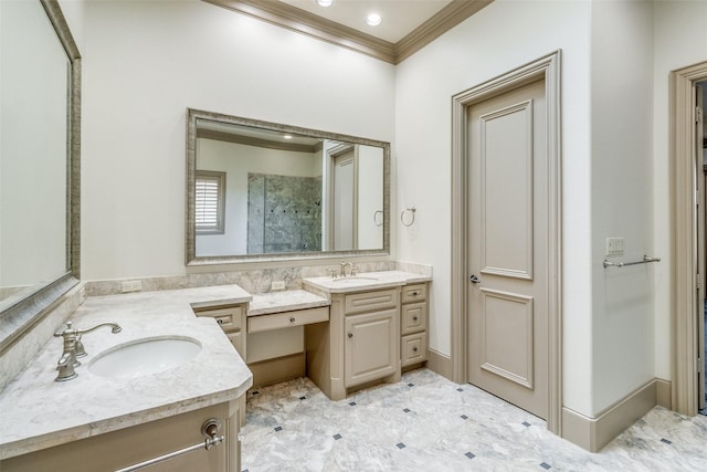 bathroom featuring vanity, crown molding, and a shower with shower door