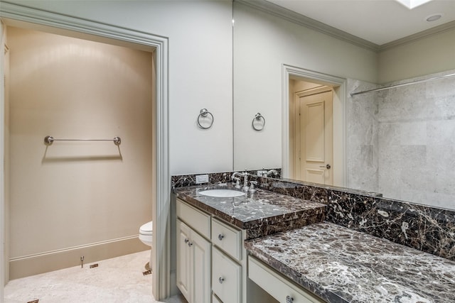 bathroom with crown molding, walk in shower, baseboards, toilet, and vanity