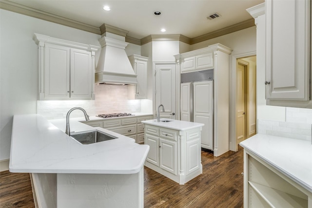 kitchen with stainless steel gas cooktop, custom exhaust hood, a peninsula, a sink, and dark wood-type flooring