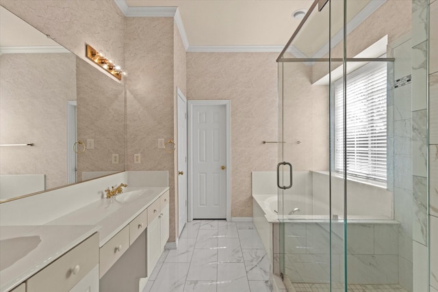 bathroom featuring a sink, marble finish floor, ornamental molding, and a shower stall