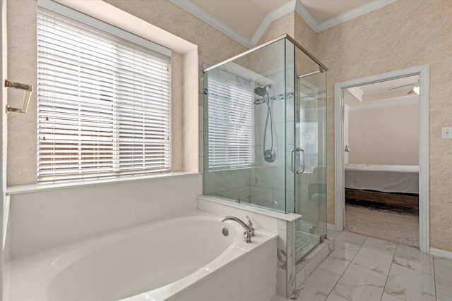 ensuite bathroom with ensuite bathroom, a garden tub, marble finish floor, and crown molding