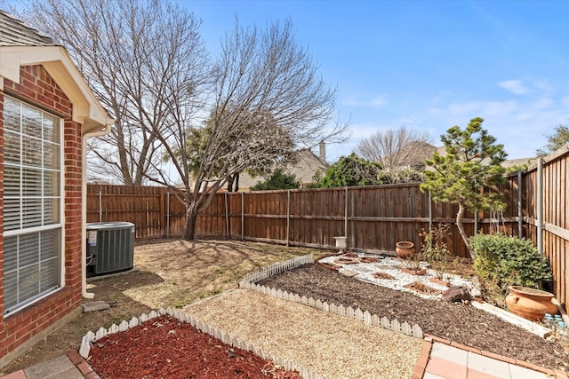 view of yard featuring central air condition unit and a fenced backyard