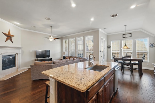 kitchen featuring a glass covered fireplace, visible vents, a sink, dark wood-type flooring, and dishwasher