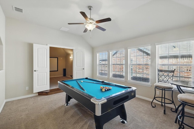 game room featuring vaulted ceiling, billiards, visible vents, and carpet floors