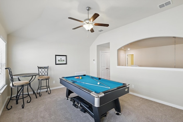 game room featuring visible vents, carpet floors, pool table, and vaulted ceiling