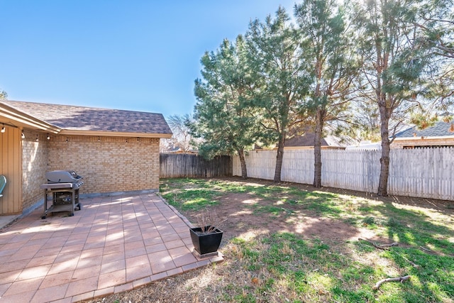 view of yard featuring a patio area and a fenced backyard