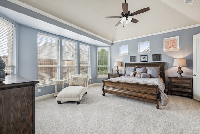 bedroom featuring lofted ceiling, a ceiling fan, baseboards, and carpet floors