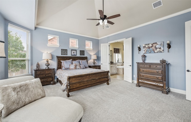 bedroom featuring ensuite bath, crown molding, carpet flooring, and visible vents