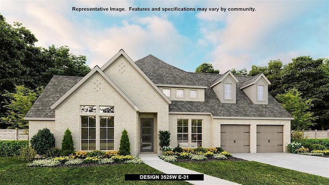 view of front of house featuring a garage, a front lawn, brick siding, and driveway