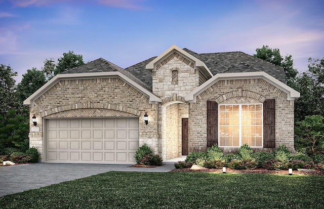 french country home with a front lawn, brick siding, concrete driveway, and an attached garage