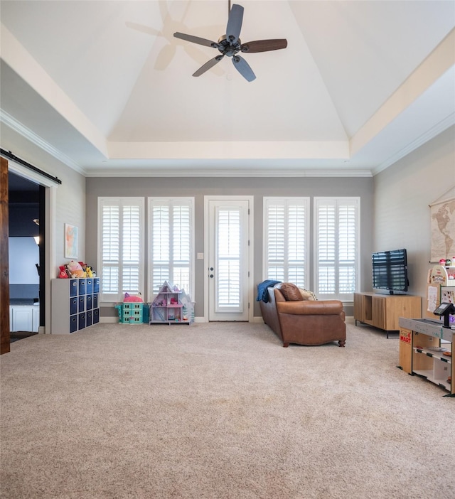 living area with a tray ceiling, carpet flooring, and plenty of natural light