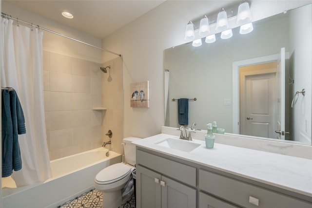 full bathroom with toilet, vanity, and shower / bath combination with curtain