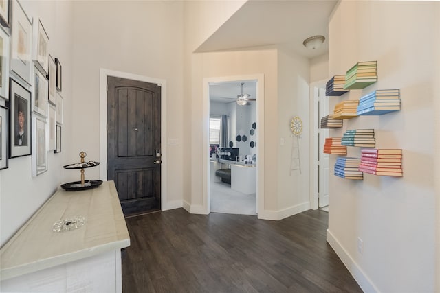 entryway featuring baseboards and dark wood-style flooring