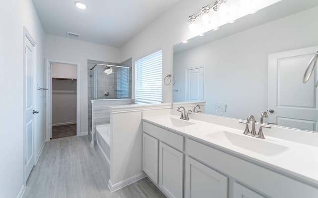 full bathroom featuring a stall shower, a spacious closet, visible vents, and a sink