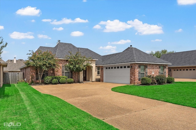 view of front facade with a front yard, a garage, and brick siding